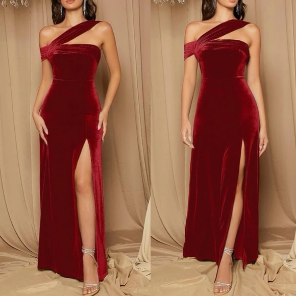 uxe asymmetrical neck slit thigh velvet formal party gown dress
